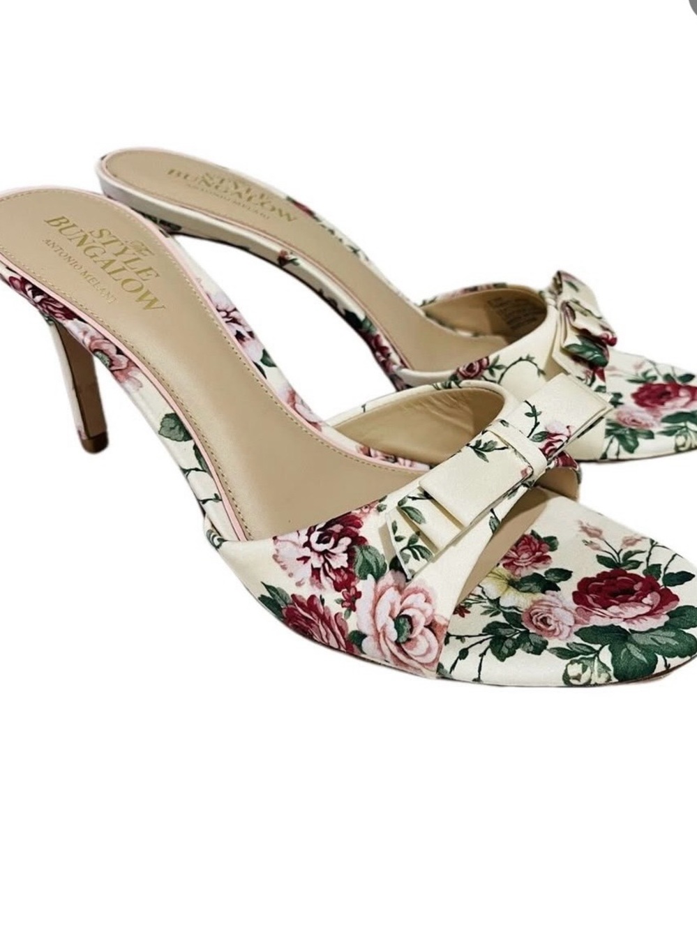 Antonio Melani Floral Bow Mid-Heel Sandals - Cream with Pink and Green
